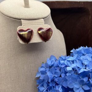 Vintage Red Ceramic Heart Earrings Post Glossy Valentine Jewelry Retro Cute